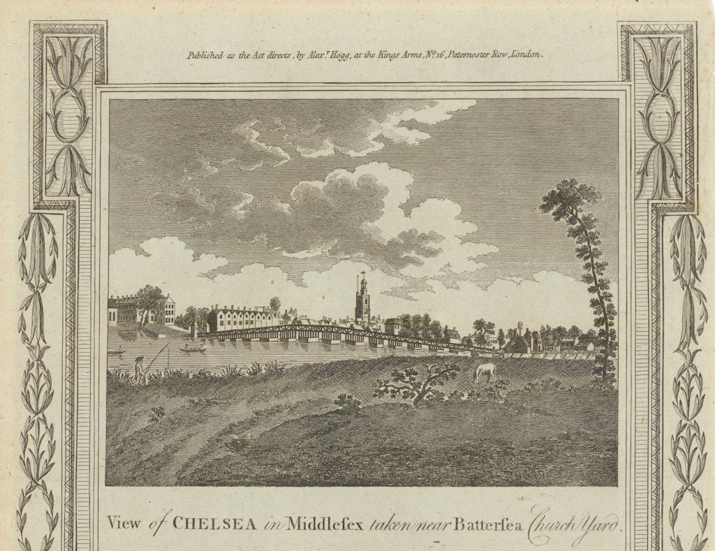 Chelsea, the Old Church & Battersea Bridge from St Mary's, Battersea 1794